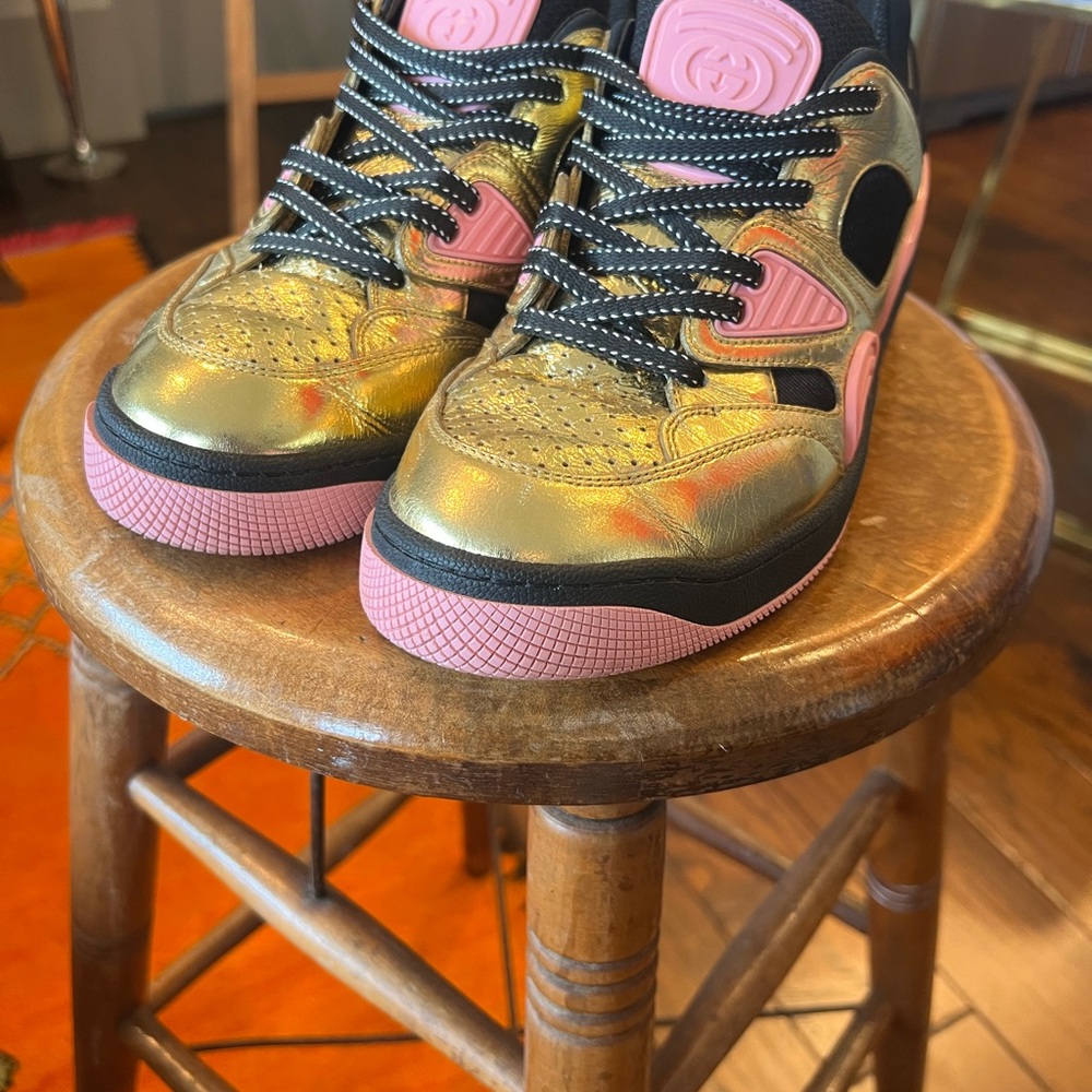 Gucci Women’s Basket Sneakers – Gold Metallic Leather & Pink